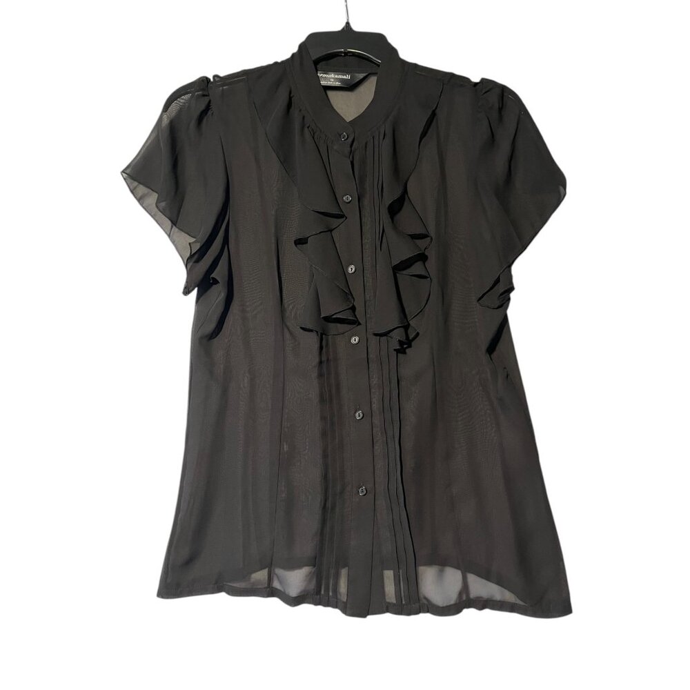 Norma Kamali Black Ruffle Front Sheer Chiffon Blouse Flutter‎ Sleeve NK410102 L